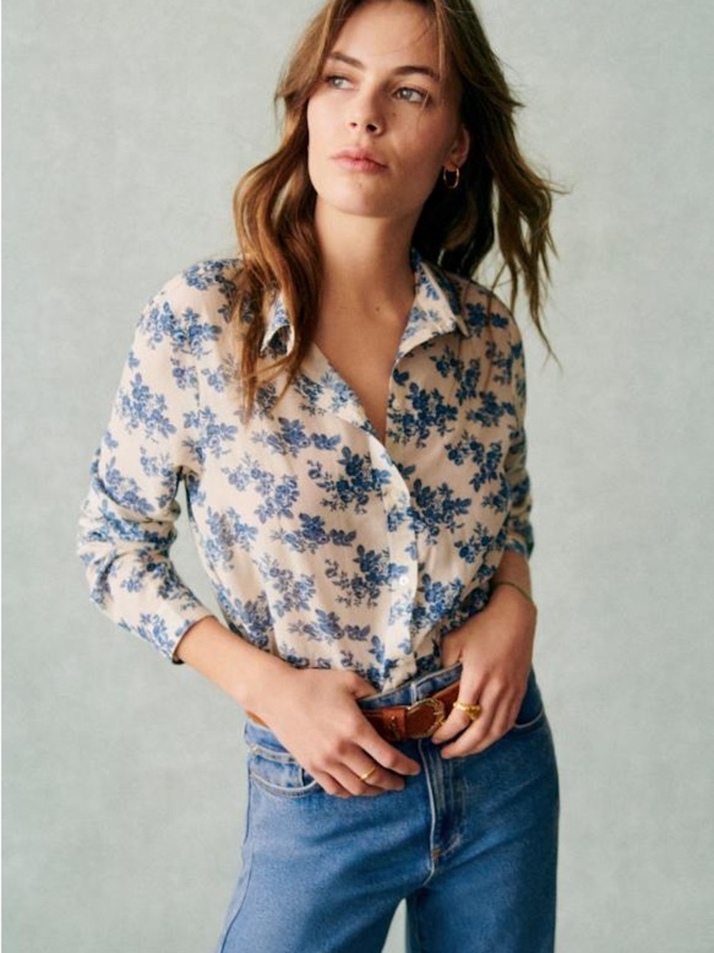Sezane Pierro Fiori Blue Floral Button-Down Shirt - Size 36